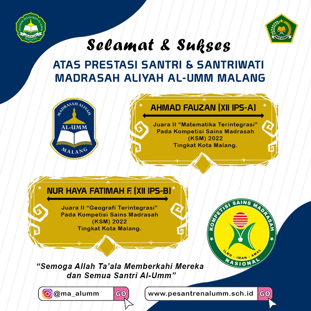2 Santri MA Al-Umm menjadi Pemenang KSM 2022 tingkat Kota/Kab Malang