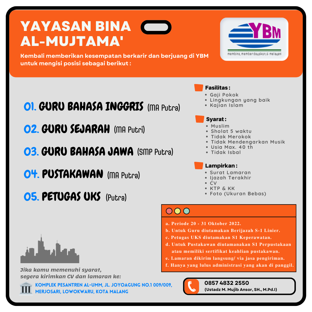 Lowongan Pekerjaan Yayasan Bina Al-Mujtama’ – Oktober 2022